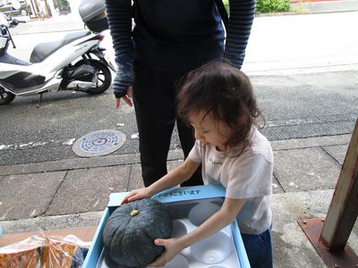 八百屋さんのかぼちゃを触って確認をしている