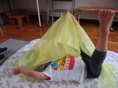 オーガンジーの布で遊んだよ。