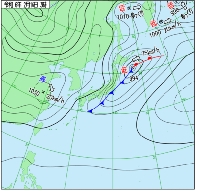 ２０２４年２月１６日（金）の天気図　気象庁ＨＰより